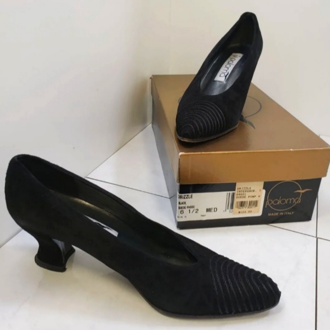 Poloma Shoes Black Drizzle Suede Pumps Dress 6.5 M Kitten Heels In Original Box
